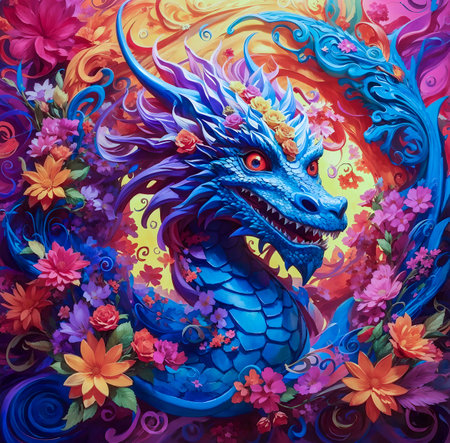 Dragon and flowers on a colorful background. Illustration of fantasy dragon. created with the help of artificial intelligence technologiesの素材