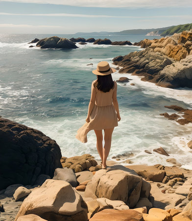 Young woman in straw hat and dress standing on the rocks and looking at the sea created with the help of artificial intelligence technologiesの素材