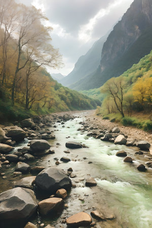 Mountain landscape with a river in the mountains. Mountain river in the mountains. created with the help of artificial intelligence technologiesの素材