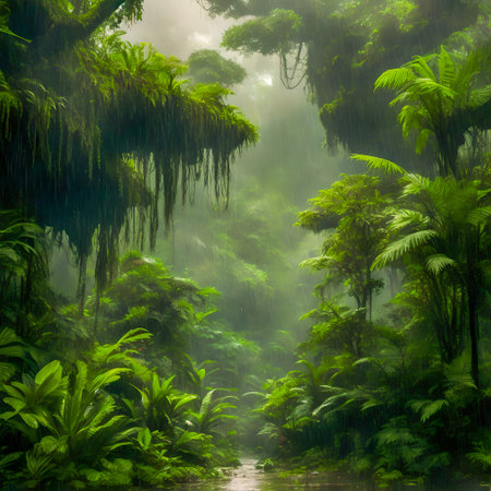 Foggy tropical rainforest with ferns and trees. created with the help of artificial intelligence technologiesの素材