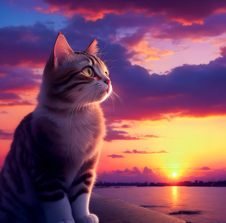Cat on the background of a beautiful sunset. The cat is looking at the sun. created with the help of artificial intelligence technologiesの素材