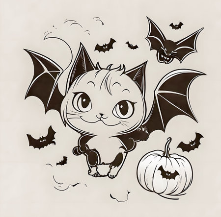 Halloween vector illustration. Cute cat with bats and pumpkins created with the help of artificial intelligence technologiesの素材