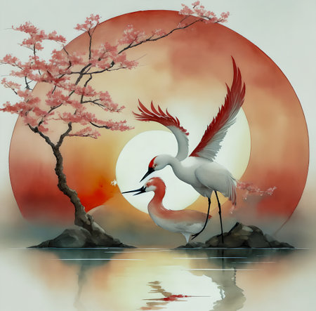Japanese crane and cherry blossom in the background of the full moon created with the help of artificial intelligence technologiesの素材