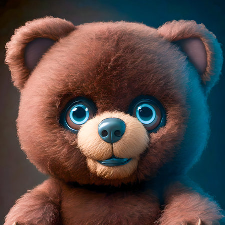 Teddy bear with blue eyes on a dark background. 3d rendering created with the help of artificial intelligence technologiesの素材