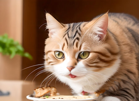 Cute tabby cat eating a piece of bread from a plate created with the help of artificial intelligence technologiesの素材
