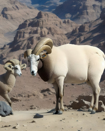 Rocky Mountain Ram (Ovis canadensis) in Wadi Rum desert, Jordan created with the help of artificial intelligence technologiesの素材