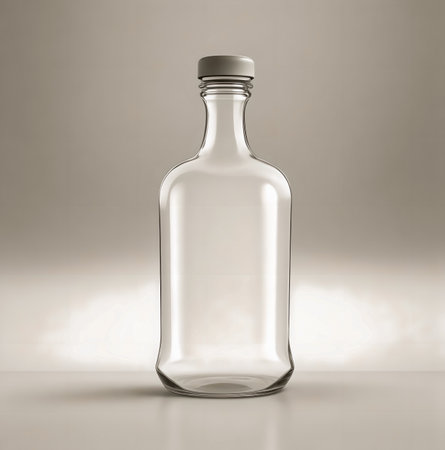 Empty glass bottle on a gray background. 3d rendering. Mock up. created with the help of artificial intelligence technologiesの素材