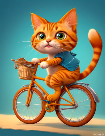 Cute orange cat riding a bicycle on blue background. Cartoon character created with the help of artificial intelligence technologiesの素材