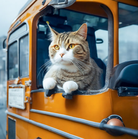 The cat is looking out of the window of a school bus. created with the help of artificial intelligence technologiesの素材