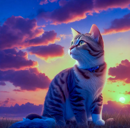 Beautiful cat sitting on the meadow and looking at the sunset created with the help of artificial intelligence technologiesの素材
