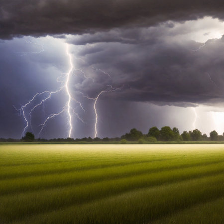 Stormy sky over a green field with lightning in the background. created with the help of artificial intelligence technologiesの素材