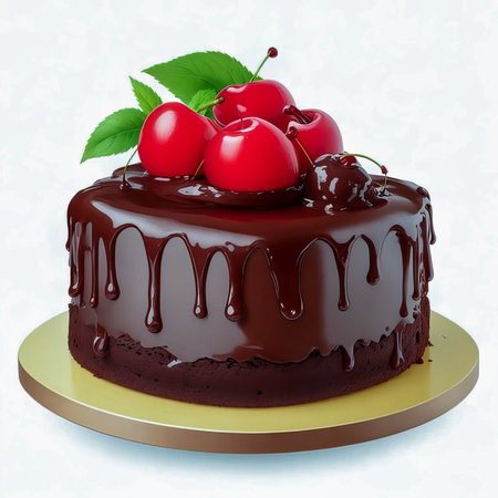 Chocolate cake with cherries on a white background. 3d illustration created with the help of artificial intelligence technologiesの素材