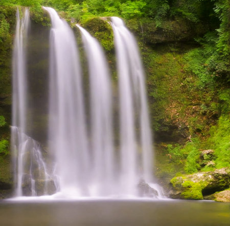 Beautiful waterfall in the forest. Long exposure. Toned. created with the help of artificial intelligence technologiesの素材