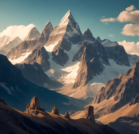 Mountain landscape with high peaks and snow-capped peaks. created with the help of artificial intelligence technologiesの素材