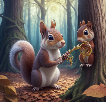 Two cute squirrels in the forest with a key in their hands created with the help of artificial intelligence technologiesの素材