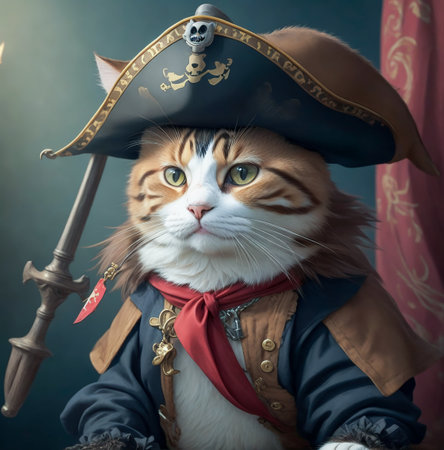 Portrait of a cat in a pirate costume with a sword. created with the help of artificial intelligence technologiesの素材