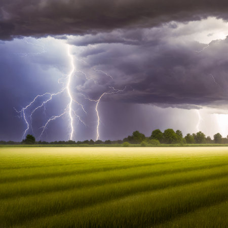 lightning in the field created with the help of artificial intelligence technologiesの素材