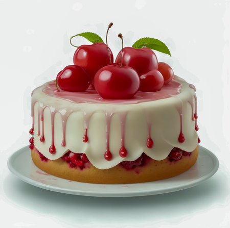 Cherry cake with cherries on a white background. 3d illustration created with the help of artificial intelligence technologiesの素材