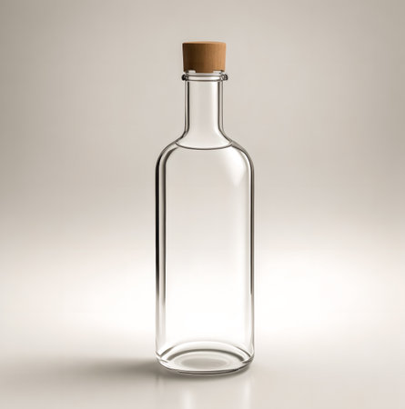 Empty glass bottle with cork on a gray background. 3d rendering created with the help of artificial intelligence technologiesの素材