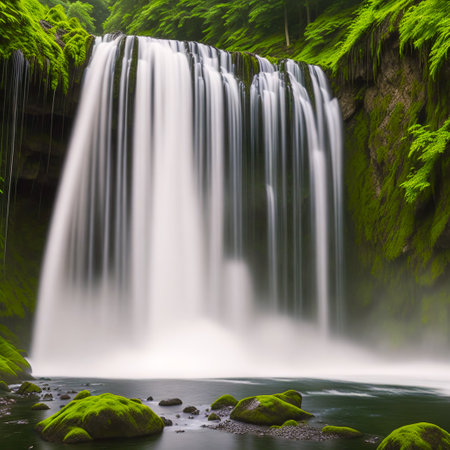 Beautiful waterfall in the forest, long exposure. Long exposure. created with the help of artificial intelligence technologiesの素材