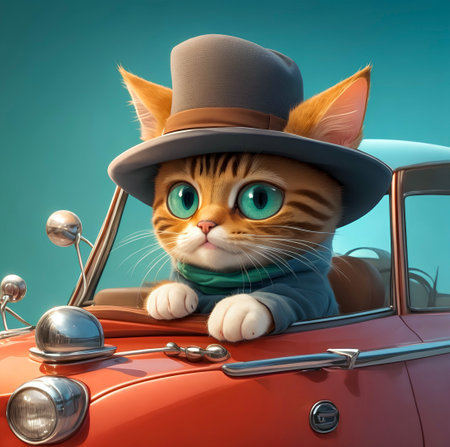 Funny cat in a hat sits in a retro car on a blue background created with the help of artificial intelligence technologiesの素材