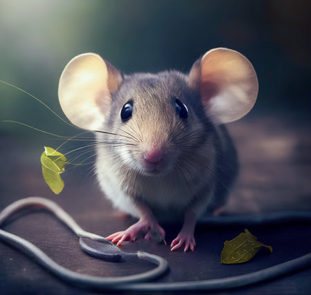 Cute little mouse on a wooden background with a green leaf. created with the help of artificial intelligence technologiesの素材