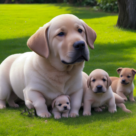 Labrador puppies with their mother on green grass in the garden. created with the help of artificial intelligence technologiesの素材