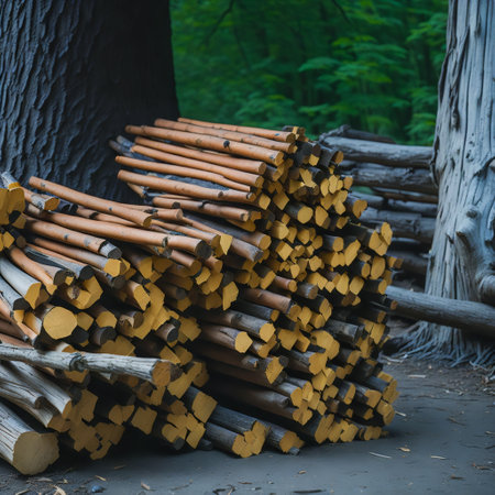 Pile of firewood in the forest, close-up. created with the help of artificial intelligence technologiesの素材
