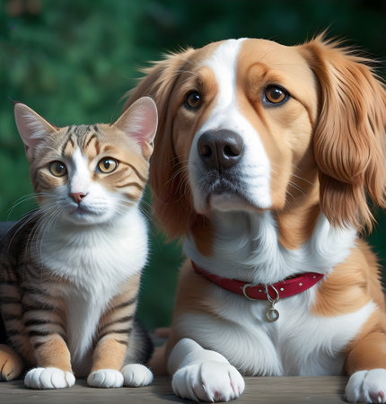 Cute dog and cat sitting together in the garden. Selective focus. created with the help of artificial intelligence technologiesの素材
