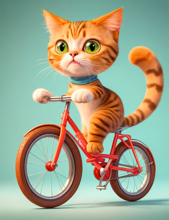 Funny cat with a bicycle on a blue background. 3d rendering created with the help of artificial intelligence technologiesの素材