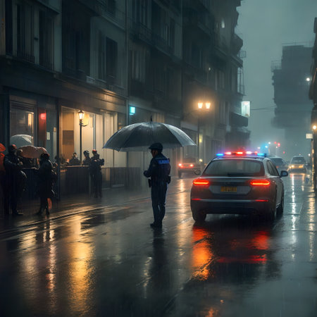 Man in raincoat with umbrella on a foggy city street. created with the help of artificial intelligence technologiesの素材