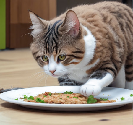 Cute tabby cat eating food from a plate at home. created with the help of artificial intelligence technologiesの素材