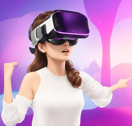 3D illustration of a beautiful young woman wearing virtual reality glasses. created with the help of artificial intelligence technologiesの素材