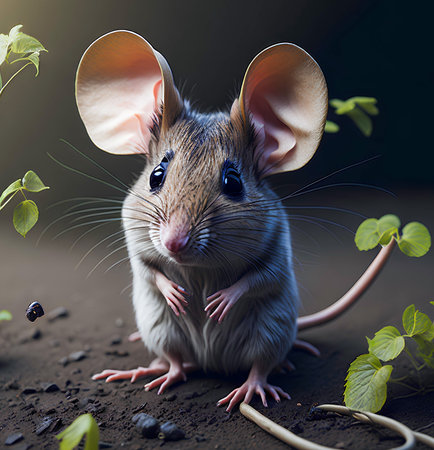 mouse in the garden on a black background. 3d render. created with the help of artificial intelligence technologiesの素材