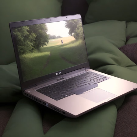 Laptop with nature photos on screen, on green sofa background. created with the help of artificial intelligence technologiesの素材