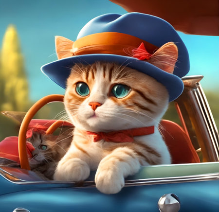 Cute cat in a hat and bow tie sitting in a cabriolet created with the help of artificial intelligence technologiesの素材