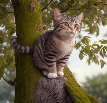 Cute tabby cat sitting on a tree in the garden. cat, samurai, kimono, black, wrestling, created with the help of artificial intelligence technologiesの素材