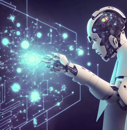 3d rendering humanoid robot working with circuit board in dark space, artificial intelligence concept created with the help of artificial intelligence technologiesの素材