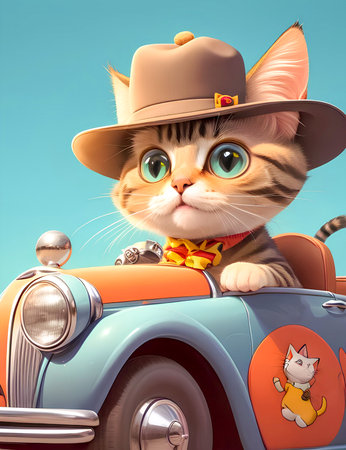 Cute cat in cowboy hat driving old car on blue background. created with the help of artificial intelligence technologiesの素材