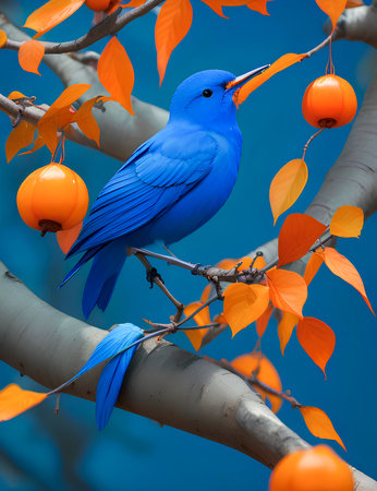 Blue bird on a branch with autumn leaves and orange berries in the background created with the help of artificial intelligence technologiesの素材