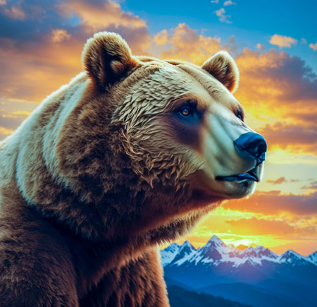Brown bear on the background of the mountains at sunset. Collage. created with the help of artificial intelligence technologiesの素材