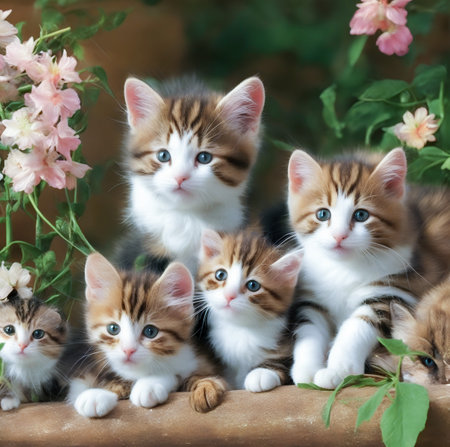 Cute little kittens with flowers in the garden. Selective focus. created with the help of artificial intelligence technologiesの素材