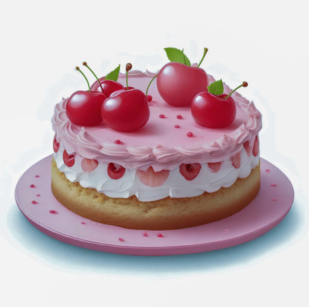 Cake with cherries on a white background. 3d illustration created with the help of artificial intelligence technologiesの素材