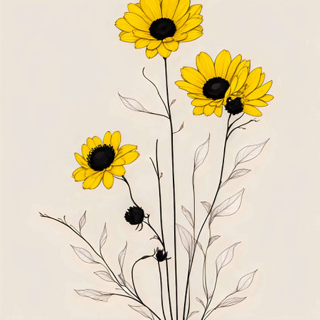 Hand drawn sunflowers on a light background. Vector illustration. created with the help of artificial intelligence technologiesの素材