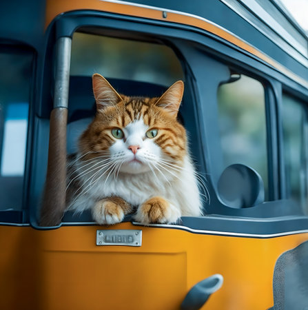 Cute cat sits in a yellow pickup truck. Selective focus. created with the help of artificial intelligence technologiesの素材