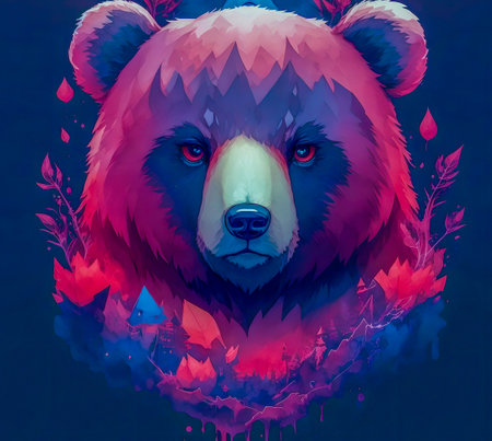 Colorful portrait of a bear on a dark background. Digital painting. created with the help of artificial intelligence technologiesの素材