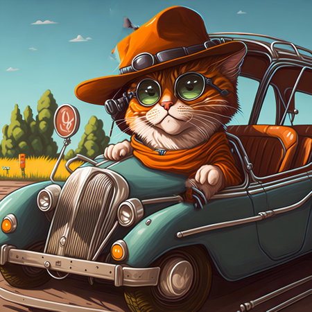 Cute cat in a retro car on the road. Vector illustration. created with the help of artificial intelligence technologiesの素材