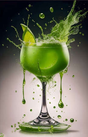 Green cocktail with splashes and lime, isolated on black background. created with the help of artificial intelligence technologiesの素材
