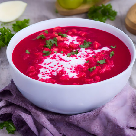 Bowl of fresh borscht with sour cream and parsley. created with the help of artificial intelligence technologiesの素材