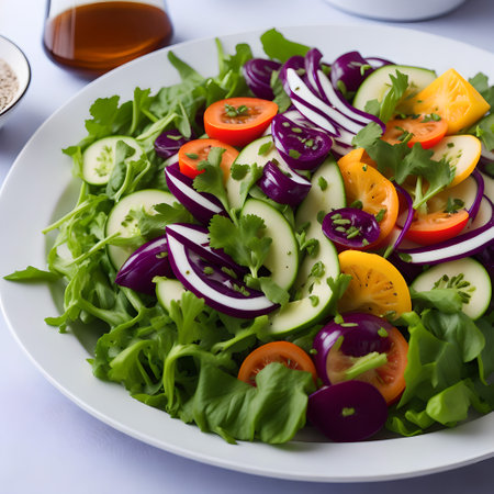 Fresh vegetable salad with tomato, cucumber, red onion and lettuce. created with the help of artificial intelligence technologiesの素材